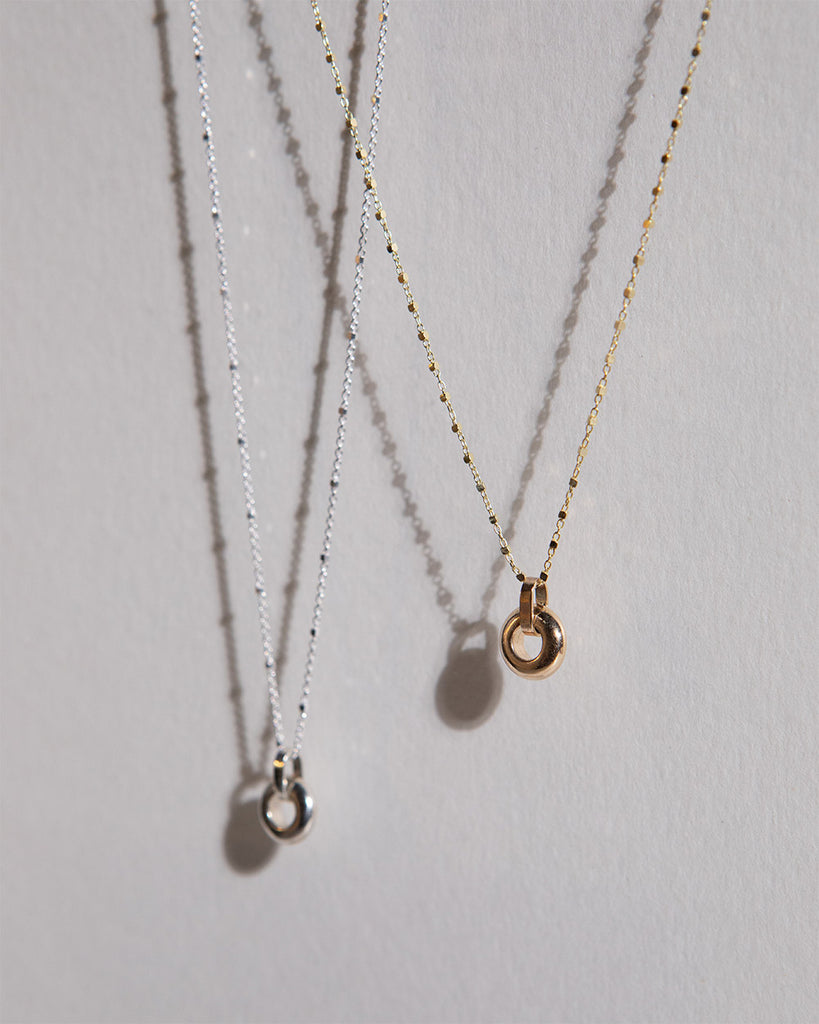 Recycled 9ct solid gold and 925 sterling silver chain necklaces open circle charm handmade in London by Maya Magal London