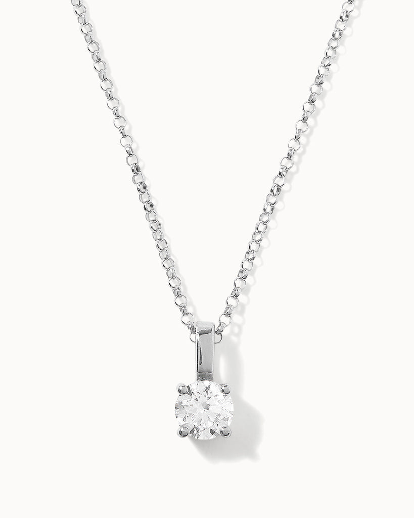 Recycled 9ct solid white gold necklace with white round diamond handcrafted in London by Maya Magal London