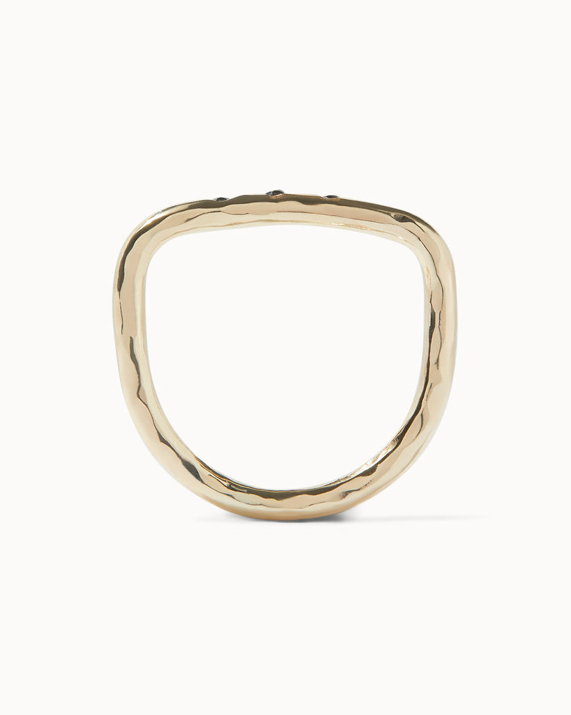 Recycled solid yellow gold flat top ring featuring three black diamonds handcrafted in London by Maya Magal London