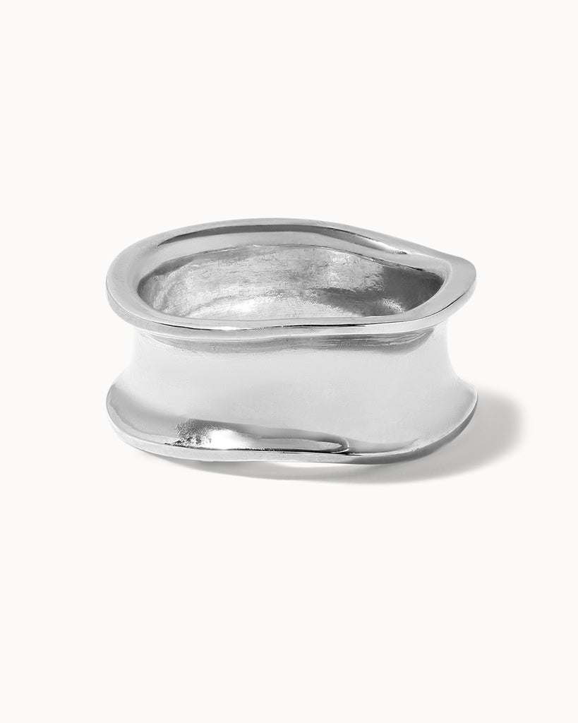 Recycled sterling silver concave wide band statement ring handcrafted in London by Maya Magal London