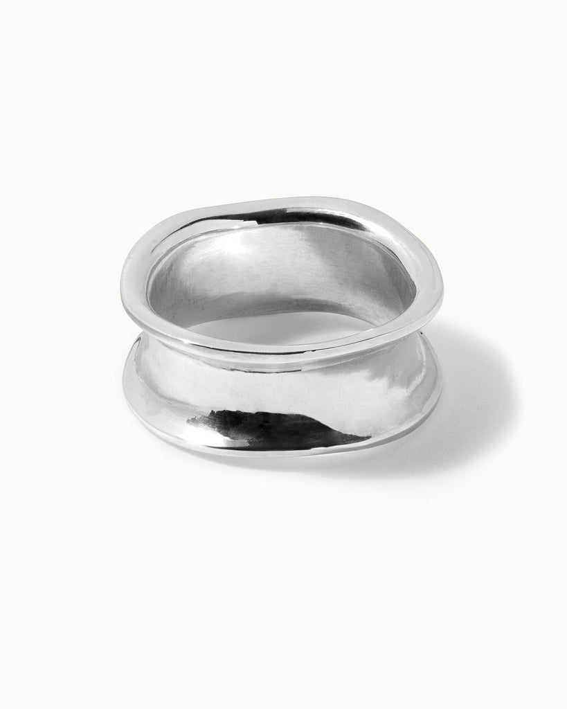 Recycled sterling silver concave wide band statement ring handcrafted in London by Maya Magal London