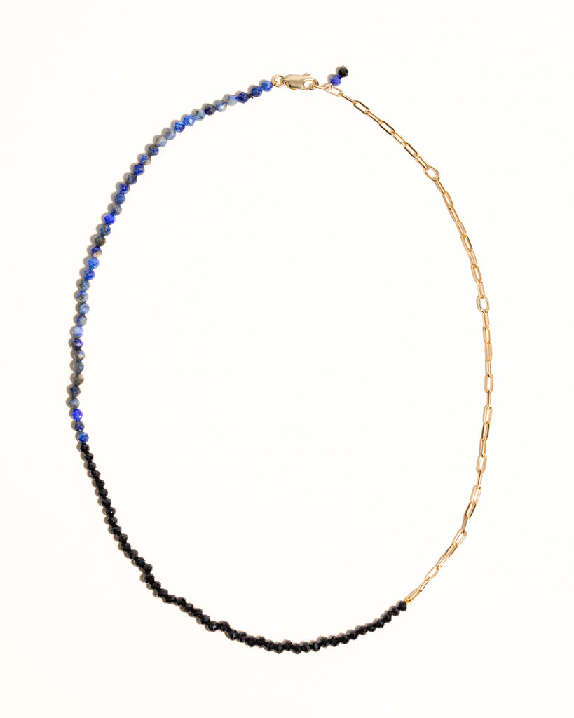 Blue lapis and black spinnel beaded necklace handstrung on silk thread handcrafted in London with 9ct solid gold by Maya Magal London