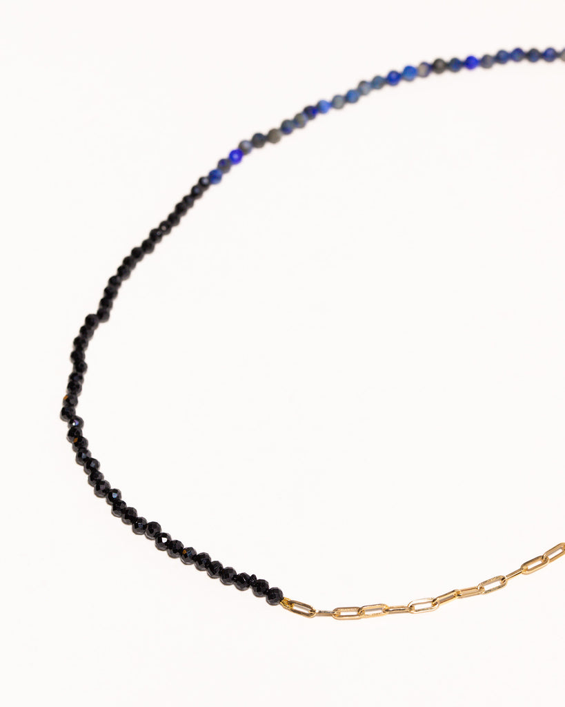 Blue lapis and black spinnel beaded necklace handstrung on silk thread handcrafted in London with 9ct solid gold by Maya Magal London