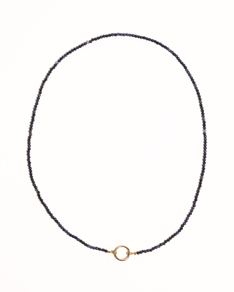 Blue sapphire beaded necklace handstrung on silk thread handcrafted in London with 9ct solid gold by Maya Magal London