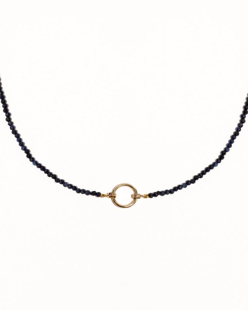 Blue sapphire beaded necklace handstrung on silk thread handcrafted in London with 9ct solid gold by Maya Magal London