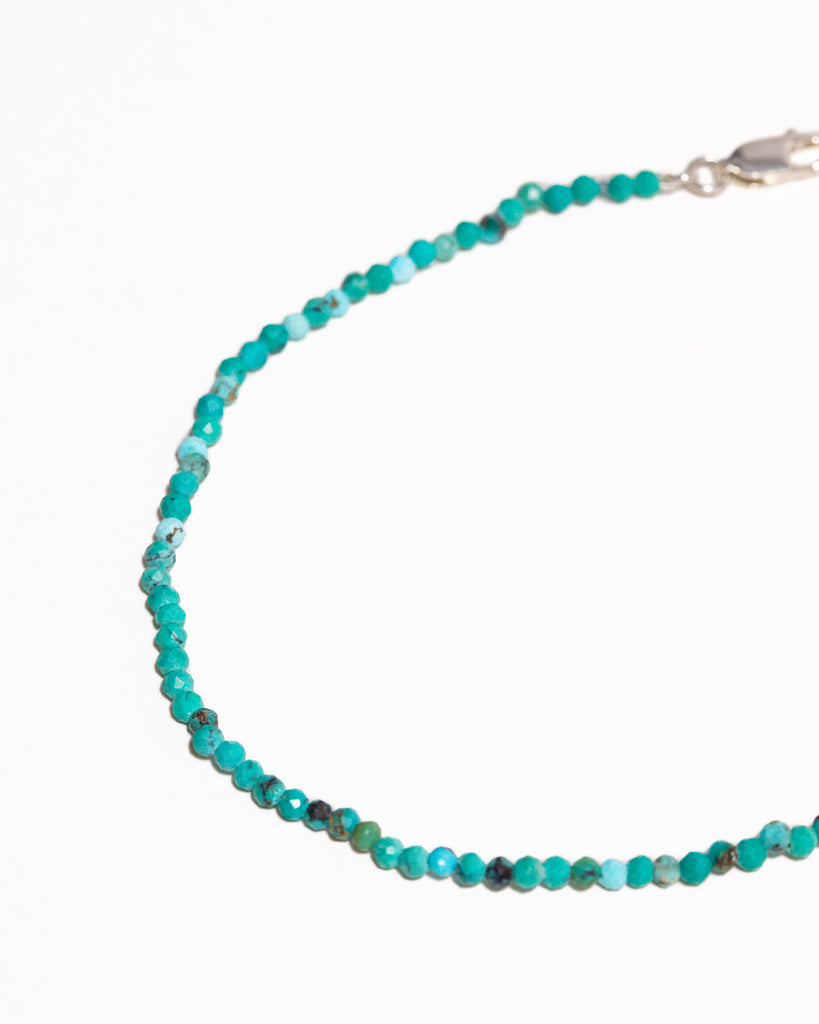 turquoise beaded bracelet handstrung on silk thread handcrafted in London with 925 sterling silver by Maya Magal London