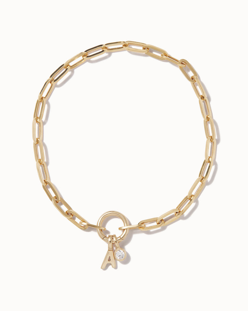 Recycled 9ct solid gold chain bracelet with initial charm and lab-grown charm  handmade in London by Maya Magal London