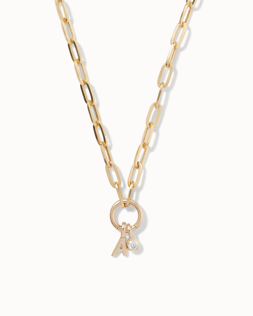 Recycled 9ct solid gold chain necklace with initial charm and lab-grown charm  handmade in London by Maya Magal London