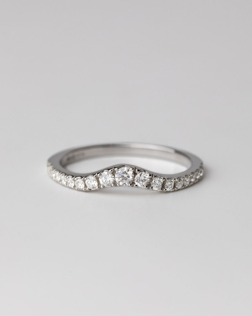 recycled 9ct solid white gold wishbone wedding band with pavé set diamonds crafted with sloping U shape in London by Maya Magal