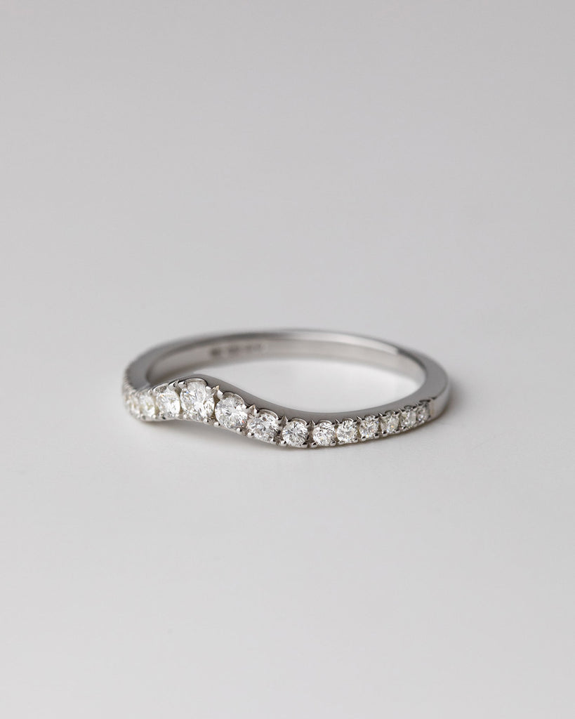 recycled 9ct solid white gold wishbone wedding band with pavé set diamonds crafted with sloping U shape in London by Maya Magal