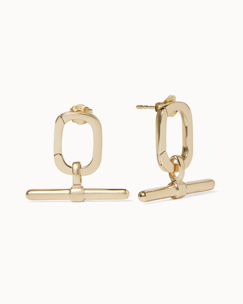 Recycled 9ct solid gold oval hoop earrings with t-bar charms handmade in London by Maya Magal London