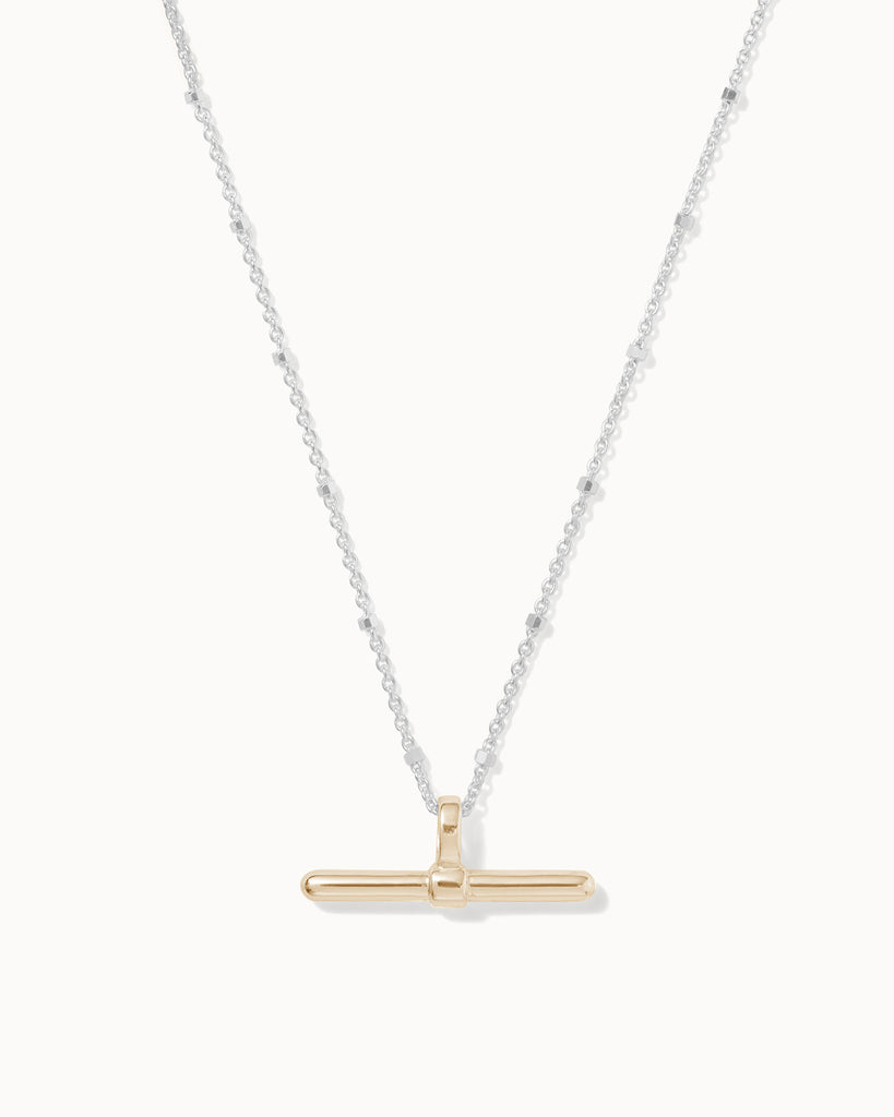 Recycled 925 sterling silver chain with 9ct solid gold t-bar charm handmade in London by Maya Magal London 