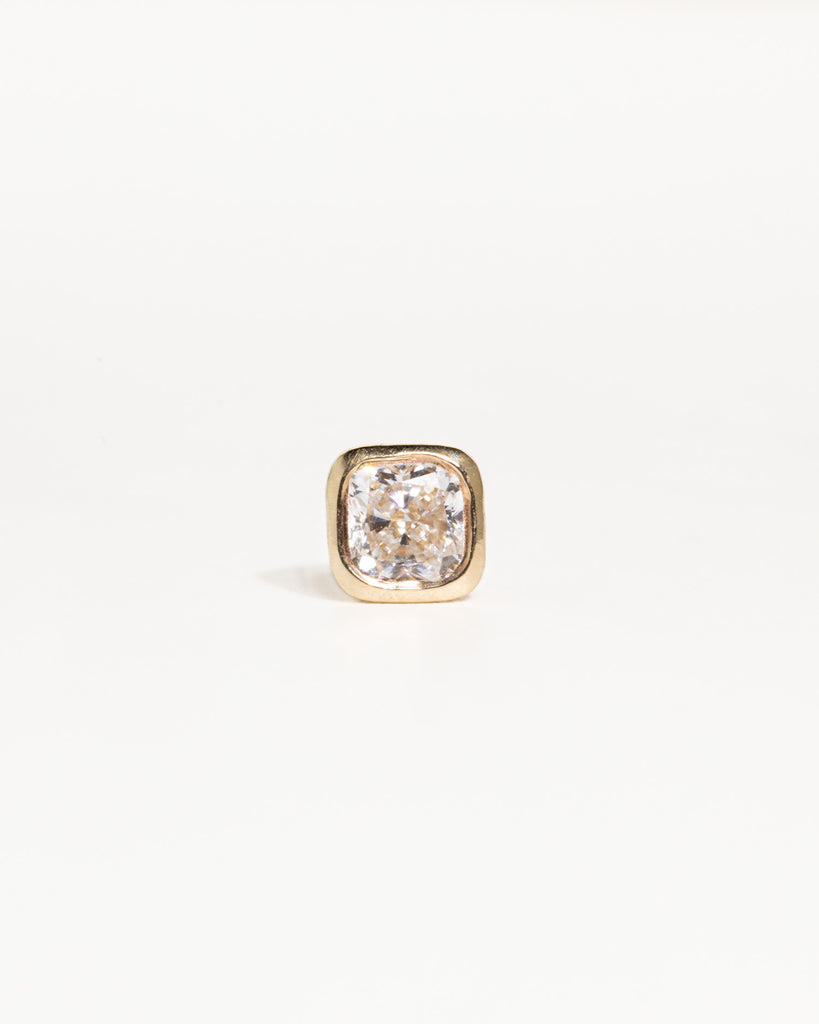 cushion cut 0.2ct lab grown white diamond stud earring encased in recycled solid gold bezel handcrafted in London by Maya Magal London